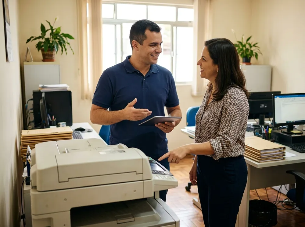 Consultor conversando com a gestora de um escritório ao lado da impressora